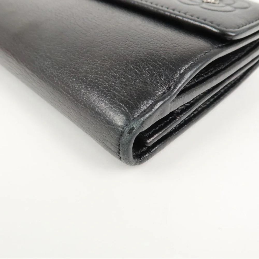 CHANEL Black Leather Camellia Wallet